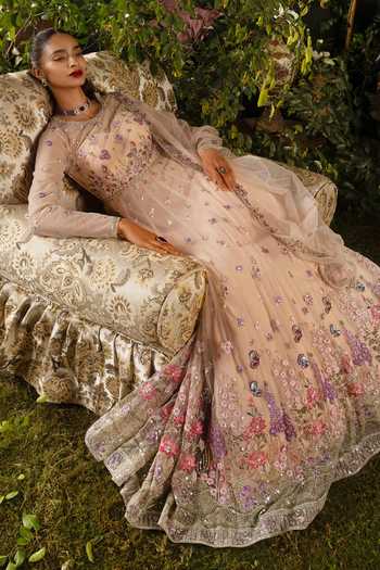 Buy_Lashkaraa_Peach Net Round Neck Floral Embroidered Anarkali Set 