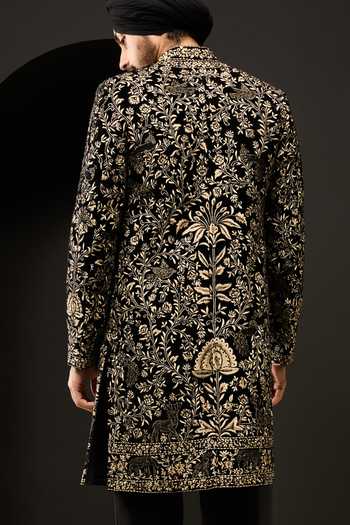 Shop_Sarab Khanijou_Black Velvet Embroidery, Sequins, Pearls, Zari, Cut Sherwani Jacket And Pant Set _at_Aza_Fashions