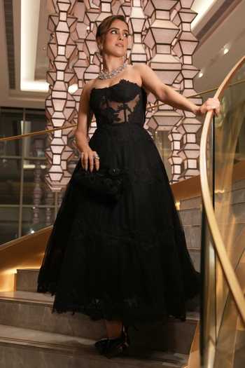 Buy_Gauri & Nainika_Black Tulle Bandeau Neck Strapless Corseted Guipure Lace Dress _at_Aza_Fashions