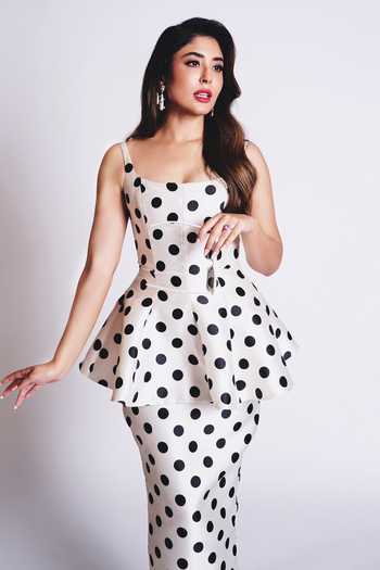 Shop_Gauri & Nainika_Black Scoop Neck Polka Print Peplum Pencil Dress _at_Aza_Fashions