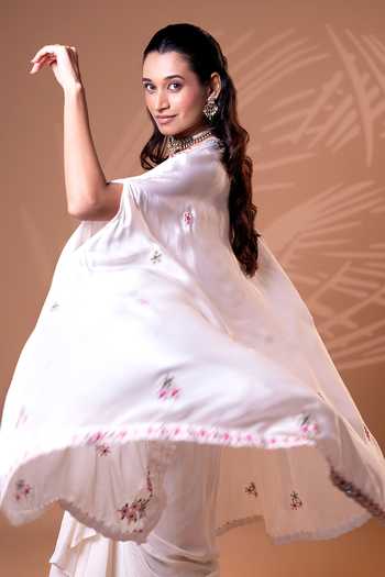 Shop_Jiya by Veer Design Studio_Off White Crepe Embroidery Open , Round Cape Skirt Set _at_Aza_Fashions