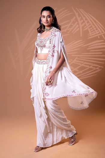 Jiya by Veer Design Studio_Off White Crepe Embroidery Open , Round Cape Skirt Set _at_Aza_Fashions