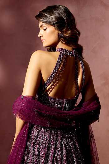 Nitika Gujral_Wine Net, Satin Beads, Sequins, Crystals, Embroidery Embellished Lehenga Set _Online_at_Aza_Fashions