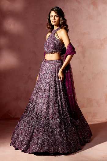 Nitika Gujral_Wine Net, Satin Beads, Sequins, Crystals, Embroidery Embellished Lehenga Set _Online