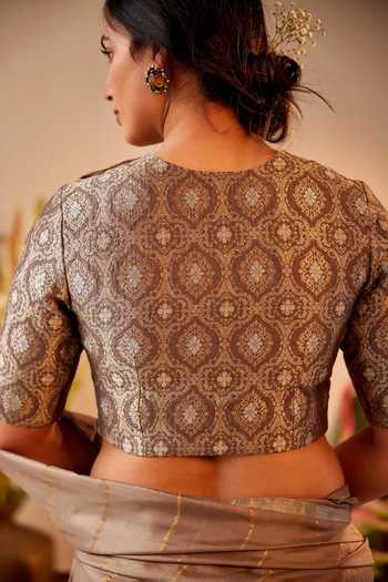 Shorshe Clothing_Grey Brocade, Satin Embroidery Round Neck Floral Pattern Blouse _at_Aza_Fashions