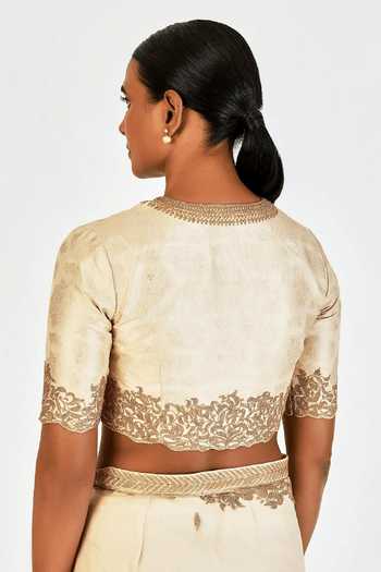 Shop_Lajjoo C_Ivory Brocade Embroidery V-neck Geetanjali Blouse _at_Aza_Fashions