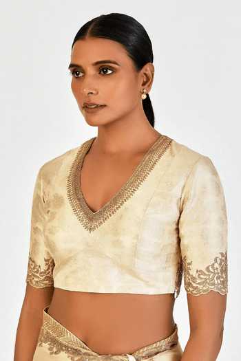 Lajjoo C_Ivory Brocade Embroidery V-neck Geetanjali Blouse _Online_at_Aza_Fashions