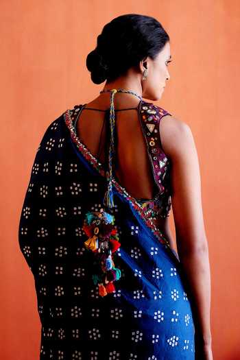 Shop_Karishma Khanduja Bareilly_Blue Crepe Mirrors, Sequins, Embroidery Scoop Neck Resham Blouse _at_Aza_Fashions