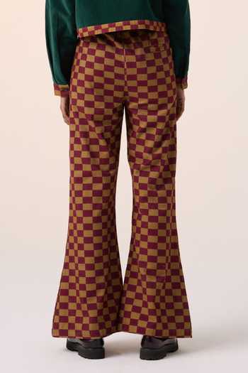Shop_Cord_Maroon Corduroy Checkered Print Pant _at_Aza_Fashions