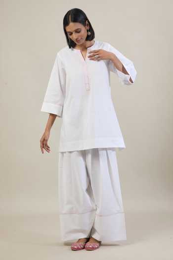 Tuli_White Cotton Round Neck Roop Thread Work Kurta And Salwar Set _Online_at_Aza_Fashions