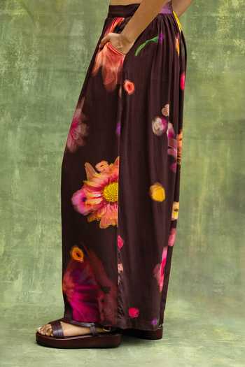 Shop_Doodlage_Brown Modal Floral Print Flared Pant _Online_at_Aza_Fashions