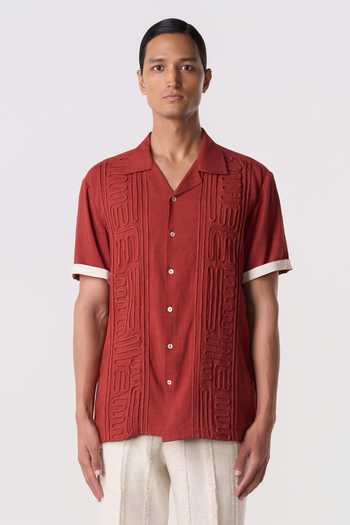 Buy_Line Out Line_Rust Linen Carved Camp Shirt _at_Aza_Fashions