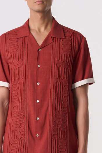 Buy_Line Out Line_Rust Linen Carved Camp Shirt _Online_at_Aza_Fashions