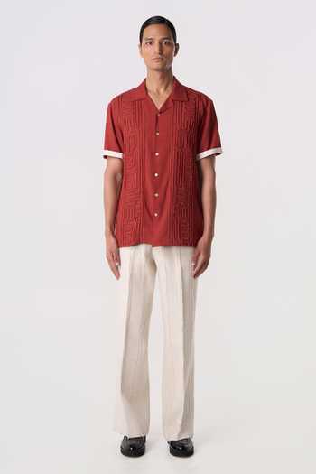 Shop_Line Out Line_Rust Linen Carved Camp Shirt _Online_at_Aza_Fashions