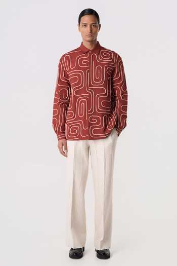 Line Out Line_Orange Chanderi, Linen Loop Terrain Shirt _Online_at_Aza_Fashions