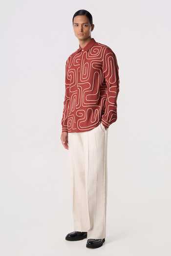 Buy_Line Out Line_Orange Chanderi, Linen Loop Terrain Shirt _Online_at_Aza_Fashions
