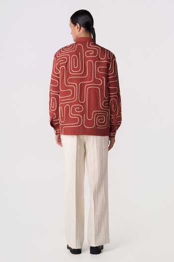 Shop_Line Out Line_Orange Chanderi, Linen Loop Terrain Shirt _at_Aza_Fashions