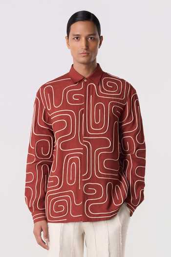 Buy_Line Out Line_Orange Chanderi, Linen Loop Terrain Shirt _at_Aza_Fashions