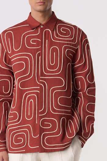 Shop_Line Out Line_Orange Chanderi, Linen Loop Terrain Shirt _Online_at_Aza_Fashions