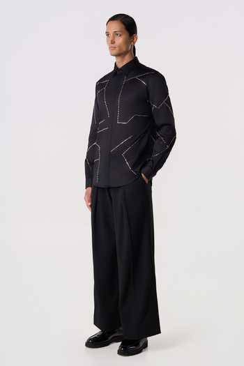 Buy_Line Out Line_Black Cotton Satin Bolt Outline Shirt _Online_at_Aza_Fashions