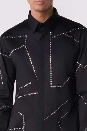 Shop_Line Out Line_Black Cotton Satin Bolt Outline Shirt _Online_at_Aza_Fashions