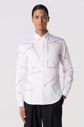 Buy_Line Out Line_White Cotton Satin Bolt Outline Shirt _at_Aza_Fashions