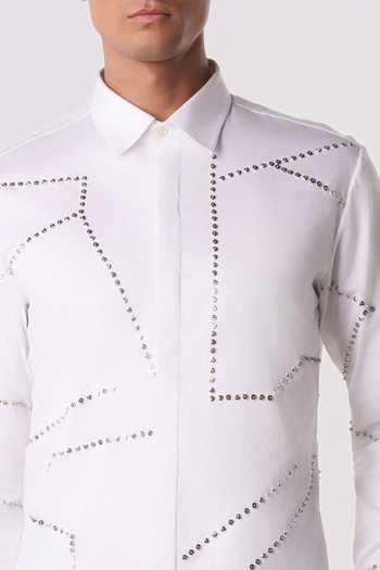 Line Out Line_White Cotton Satin Bolt Outline Shirt _Online_at_Aza_Fashions