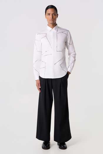Line Out Line_White Cotton Satin Bolt Outline Shirt _at_Aza_Fashions