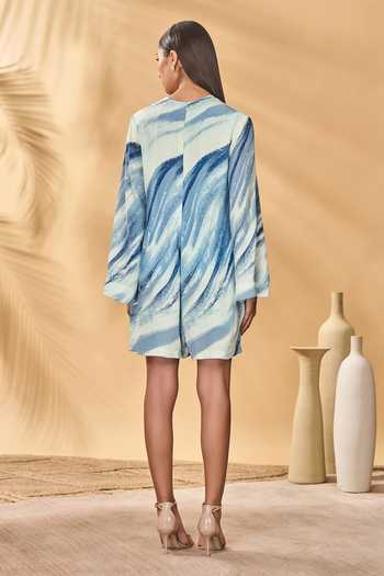 Shop_Masaba_Blue Crepe, Silk V-neck Rhythmic Curves Playsuit _at_Aza_Fashions
