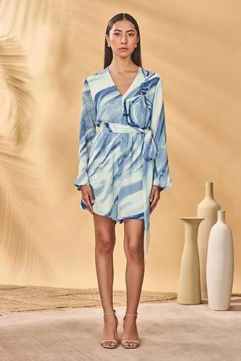 Buy_Masaba_Blue Crepe, Silk V-neck Rhythmic Curves Playsuit 