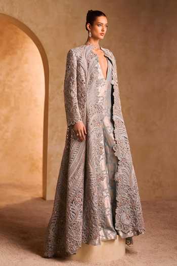 Buy_Pankaj & Nidhi_Blue Tulle, Brocade Pearls V-neck, Floral Woven Jumpsuit And Embellished Jacket _at_Aza_Fashions
