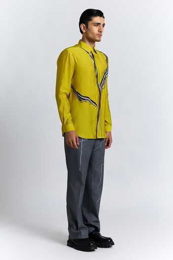 Line Out Line_Green Chanderi Embroidery, Metallic Thread The Abstract Shirt _at_Aza_Fashions
