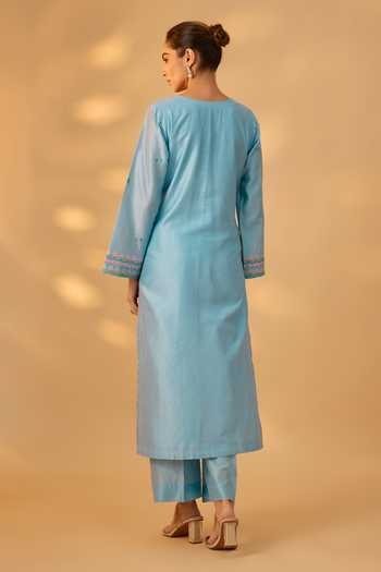 Shop_The Aarya_Blue Silk, Chanderi Keyhole Neck, Yes Floral Embroidered Kurta Set _at_Aza_Fashions