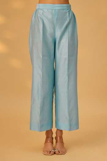 Buy_The Aarya_Blue Silk, Chanderi Square Neck, Yes Floral Bloom Pattern Kurta Set _Online_at_Aza_Fashions