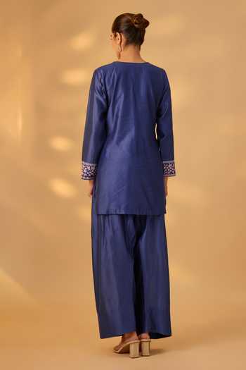 Shop_The Aarya_Blue Silk, Chanderi Split V-neck, Yes Contrast Embroidered Kurta Set _at_Aza_Fashions