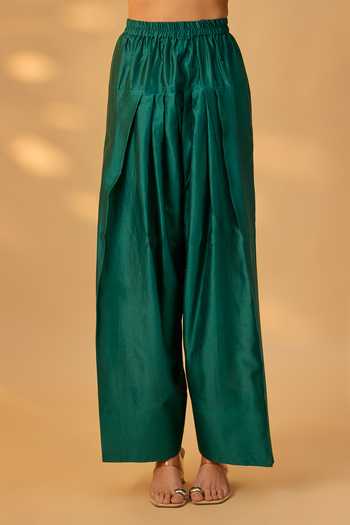 The Aarya_Green Silk, Chanderi Split V-neck Handwoven Embroidered Kurta Set _Online_at_Aza_Fashions