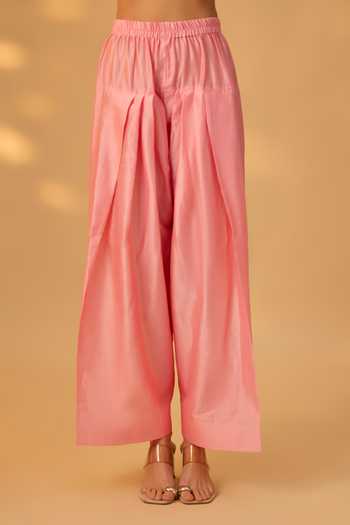 The Aarya_Pink Silk, Chanderi Split V-neck, Yes Embroidered Handwoven Kurta And Pant Set _Online_at_Aza_Fashions