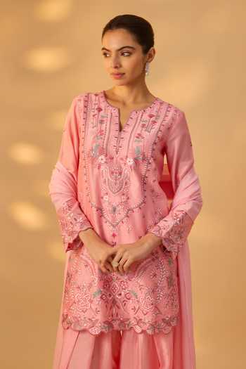Buy_The Aarya_Pink Silk, Chanderi Split V-neck, Yes Embroidered Handwoven Kurta And Pant Set _Online_at_Aza_Fashions