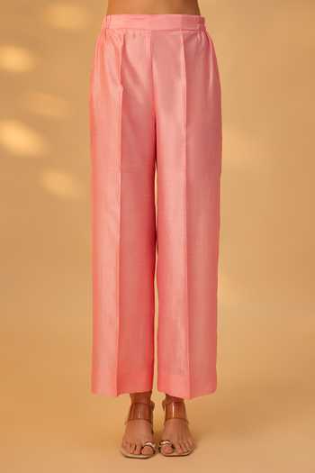The Aarya_Pink Silk, Chanderi Keyhole Neck Embroidered Handwoven Kurta Set _Online_at_Aza_Fashions