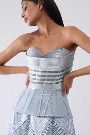 Shop_Amit Aggarwal_Blue Crepe, Polyester, Tulle, Jersey Metallic Structured Corset And Skirt Set _Online_at_Aza_Fashions