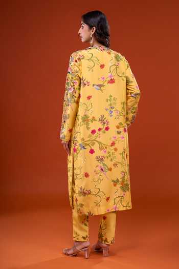 Anamika Khanna_Mustard Round Neck Printed Kurta Set _Online_at_Aza_Fashions