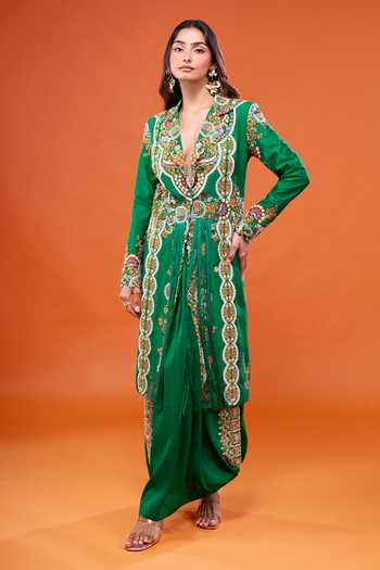 Buy_Anamika Khanna_Emerald Green Embroidered Long Coat And Draped Dhoti Skirt Set _at_Aza_Fashions