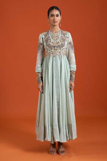Buy_Anamika Khanna_Mint Round Neck Resham Embroidered Anarkali Set _Online_at_Aza_Fashions