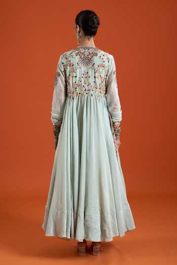 Anamika Khanna_Mint Round Neck Resham Embroidered Anarkali Set _Online_at_Aza_Fashions