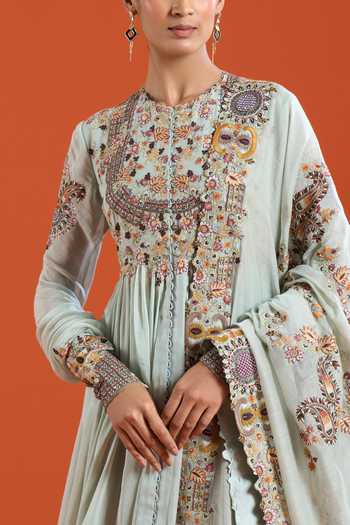 Shop_Anamika Khanna_Mint Round Neck Resham Embroidered Anarkali Set _Online_at_Aza_Fashions