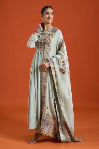 Anamika Khanna_Mint Round Neck Resham Embroidered Anarkali Set _at_Aza_Fashions