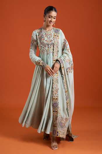 Buy_Anamika Khanna_Mint Round Neck Resham Embroidered Anarkali Set _at_Aza_Fashions