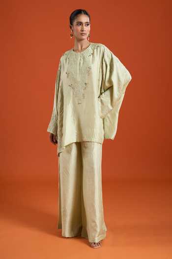 Buy_Anamika Khanna_Green Round Neck Embroidered Kurta And Palazzo Set _at_Aza_Fashions