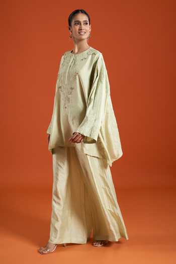 Shop_Anamika Khanna_Green Round Neck Embroidered Kurta And Palazzo Set _Online_at_Aza_Fashions