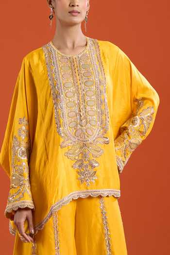 Buy_Anamika Khanna_Yellow Embroidery, Zari Round Neck, Yes Kurta And Palazzo Set _Online_at_Aza_Fashions